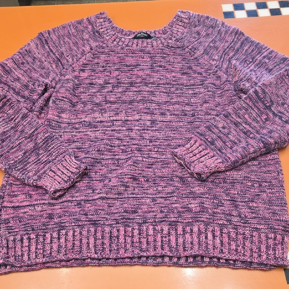 Daisy Fuentes Purple & Pink Crew Neck Sweater with Ribbed Trim, Size XL